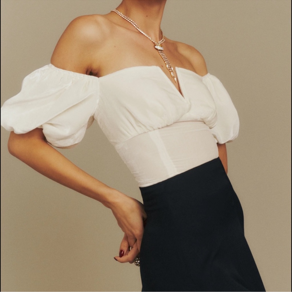 Reformation Amina Velvet Elegant Off-Shoulder White Top